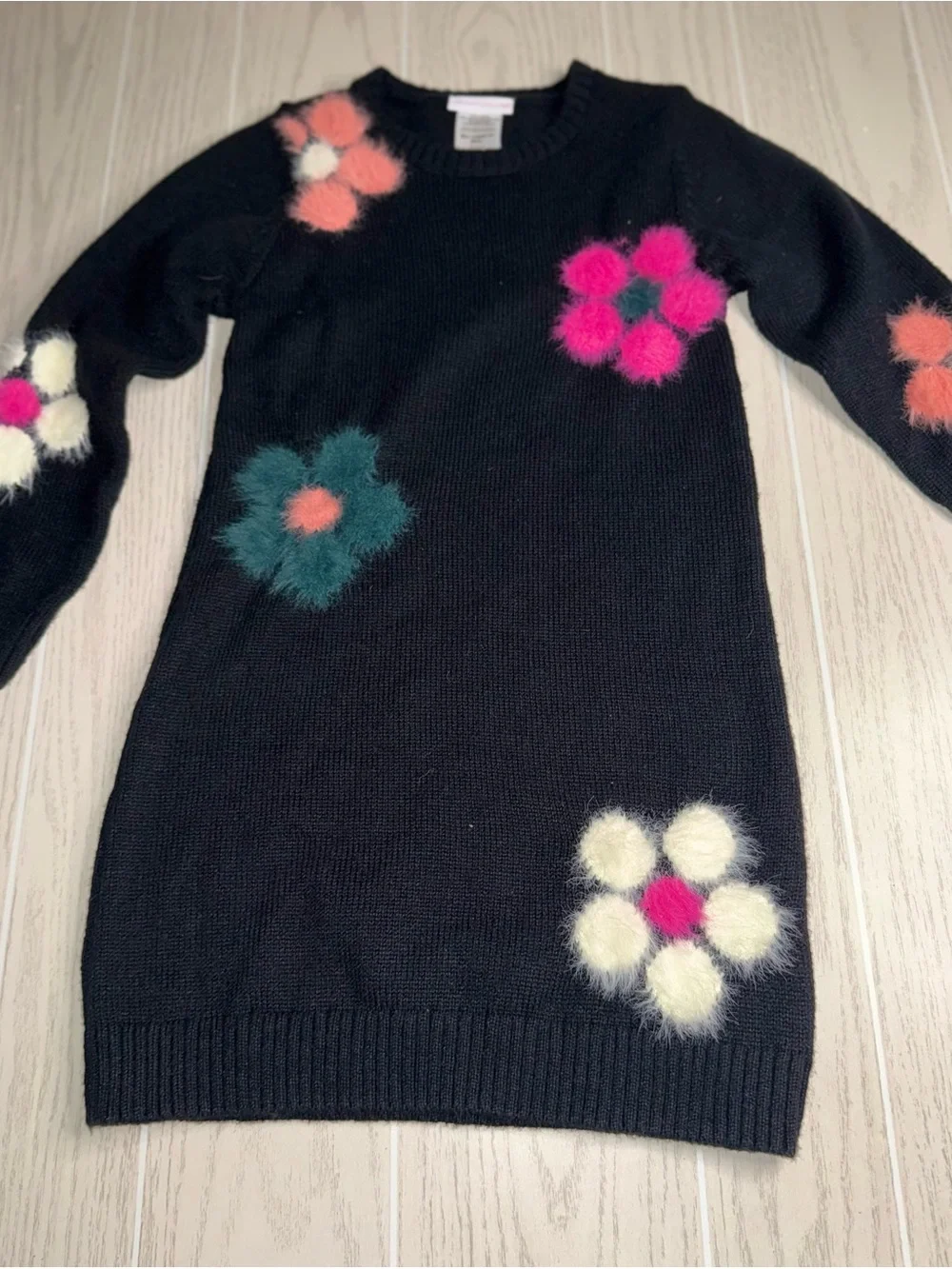 Black Knit Sweater Dress - Pink, Teal & Cream Flower Fuzzy Accents.  Girls 12
